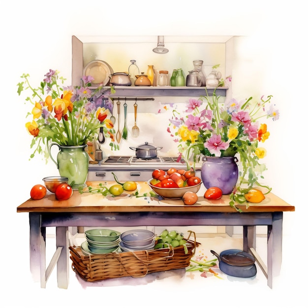 un cuadro de una cocina con una cesta de flores y un fregadero