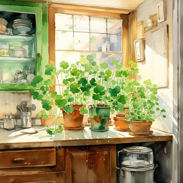 un cuadro de una cocina con plantas en macetas en el mostrador