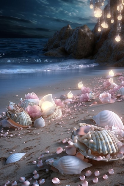 Un cuadro de conchas en una playa con luces de fondo