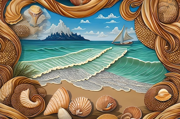 Un cuadro de conchas y un velero en la playa.