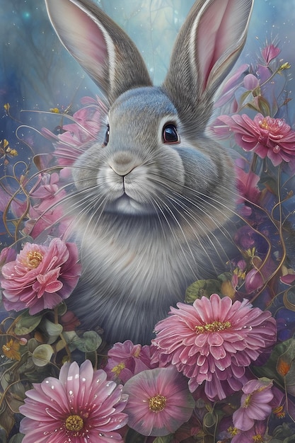 Un cuadro de un conejo con flores de fondo.