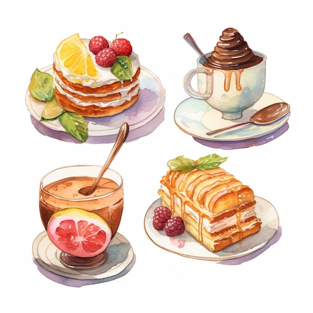 Foto un cuadro de diferentes pasteles y una taza de café.