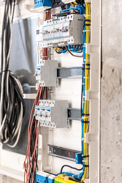 Foto el cuadro de distribución de voltaje con disyuntores está en las posiciones on y off en la caja eléctrica grande para el panel de distribución eléctrica y los cables eléctricos temporales están conmutados. fondo eléctrico.