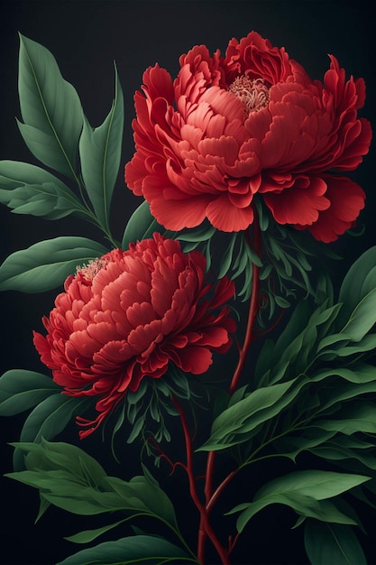 Cuadro de dos flores rojas con hojas verdes ai generativo