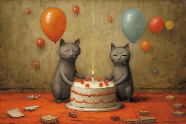 Un cuadro de dos gatos celebrando un cumpleaños con globos y globos.