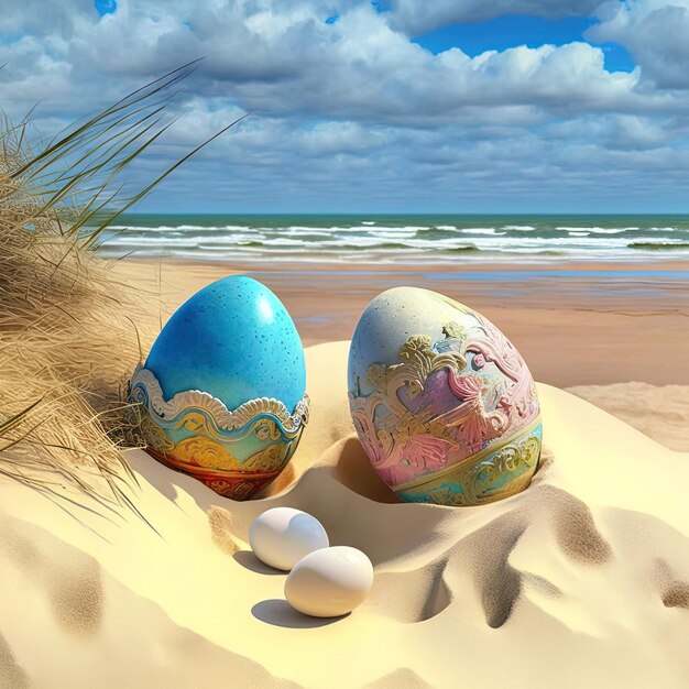 Un cuadro de dos huevos en la playa con el océano de fondo.