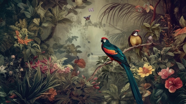 Un cuadro de dos pájaros con fondo tropical y una mariposa a la derecha.