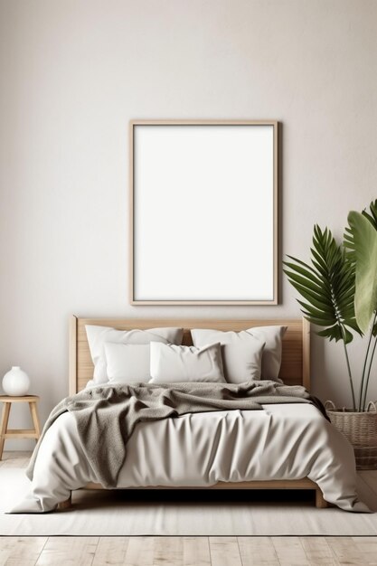Un cuadro enmarcado encima de una cama con una planta en la pared encima.