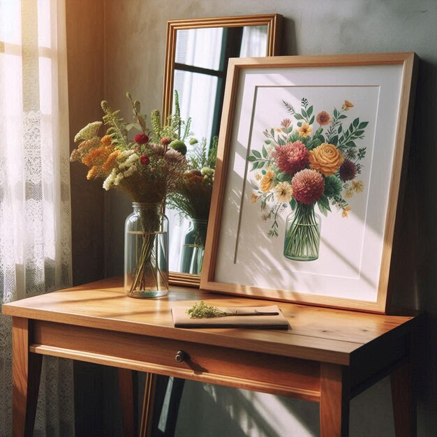 Un cuadro enmarcado de flores y un espejo en una mesa