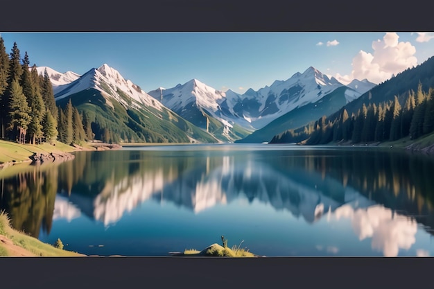 Cuadro enmarcado de un lago con las montañas al fondo.