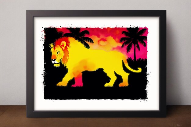 Un cuadro enmarcado de un león con palmeras al fondo.