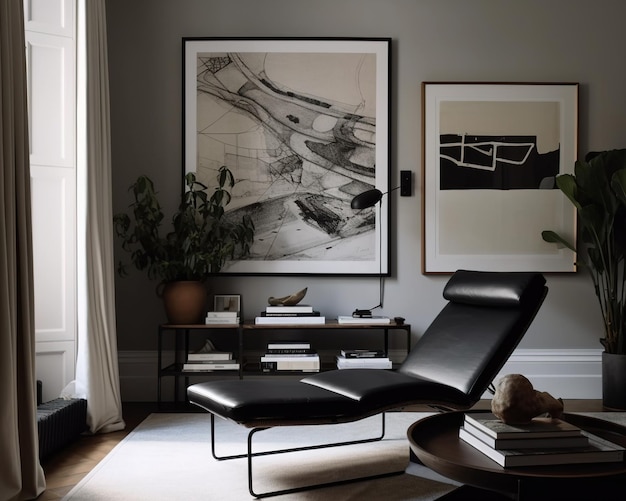 Un cuadro enmarcado en la pared de un salón con una silla negra y una planta.