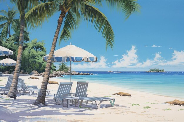 un cuadro de una escena de playa con sillas y sombrillas.