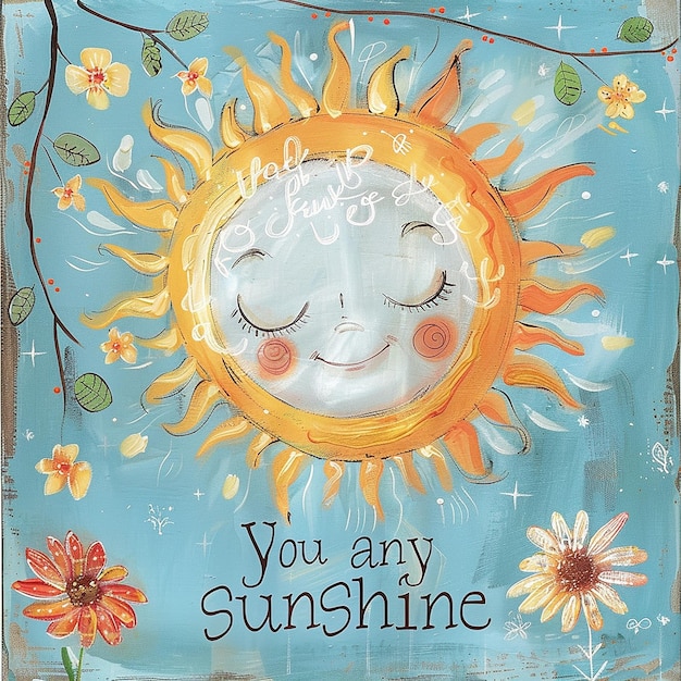 Un cuadro de estilo infantil del sol en colores suaves y lindos y escribiendo tú eres mi sol en él si
