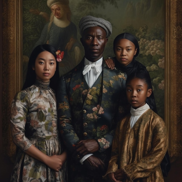 Un cuadro de una familia con un cuadro al fondo