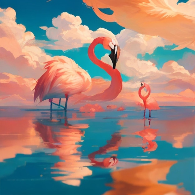 Un cuadro de un flamenco y un flamingo con un flamengo rosado en el fondo.