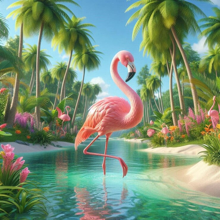 un cuadro de un flamenco rosado con palmeras al fondo