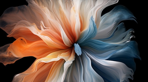 Un cuadro de una flor con fondo azul y colores naranja y azul.