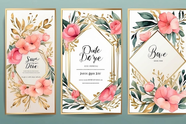Cuadro floral de acuarela plantilla de tarjetas de invitación de boda con marco de oro geométrico