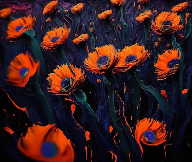 Un cuadro de flores con un anillo azul en la parte inferior.