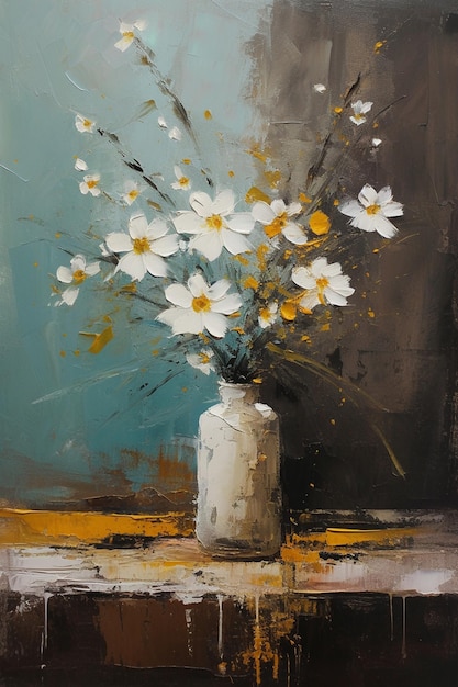 Un cuadro de flores blancas en un jarrón.