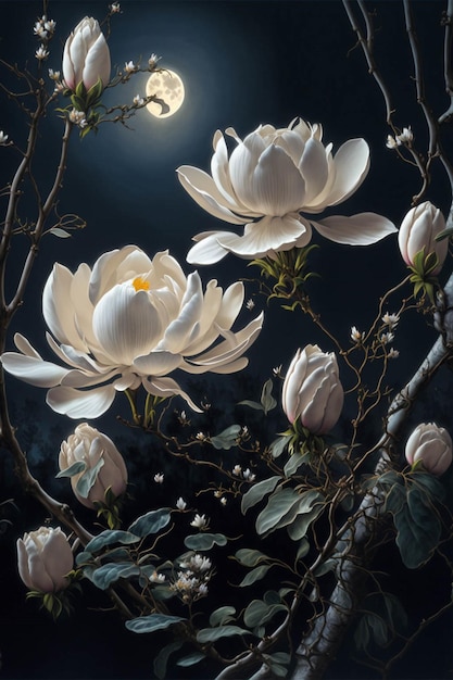 Cuadro de flores blancas con luna llena de fondo ai generativo