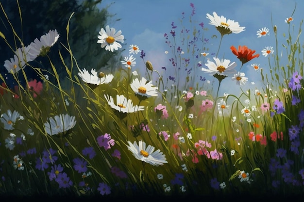 Un cuadro de flores en un campo con un cielo azul de fondo.