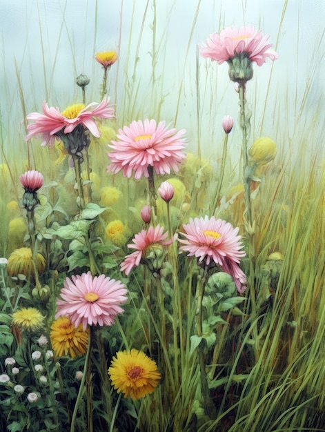 Un cuadro de flores en un campo con una flor amarilla.