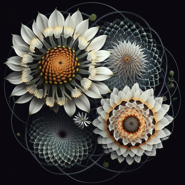 Un cuadro de flores con un círculo en el medio.