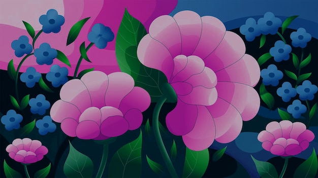 Un cuadro de flores con fondo azul.