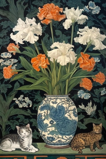 Un cuadro de flores con un gato en el lado izquierdo.