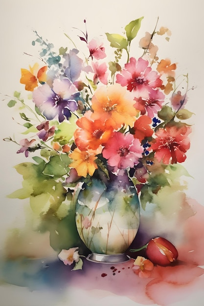 Un cuadro de flores en un jarrón con una fruta sobre la mesa.