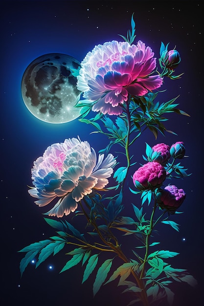 Un cuadro de flores con la luna de fondo