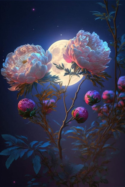 Cuadro de flores con luna llena de fondo ai generativo