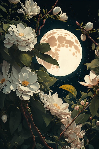 Cuadro de flores con luna llena de fondo ai generativo