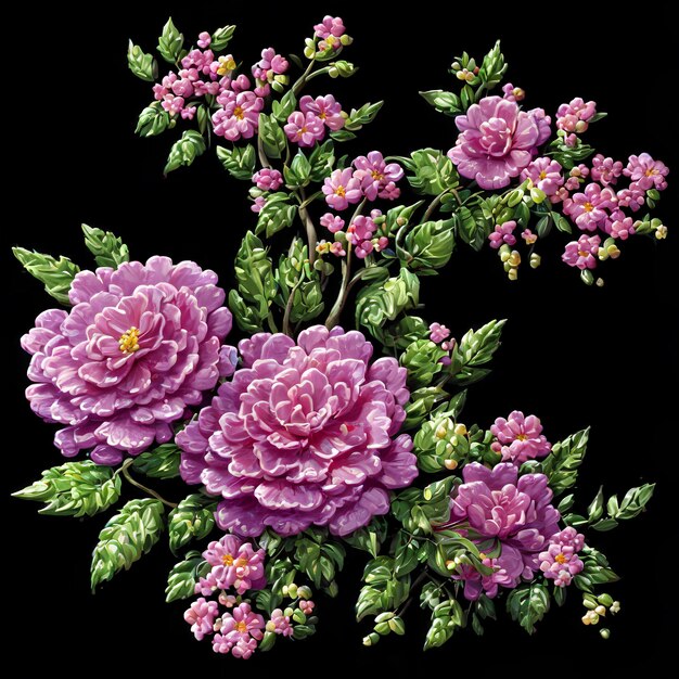 Un cuadro de flores moradas con hojas verdes y flores rosas.