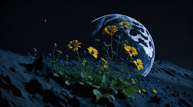 Un cuadro de flores en una noche de luna