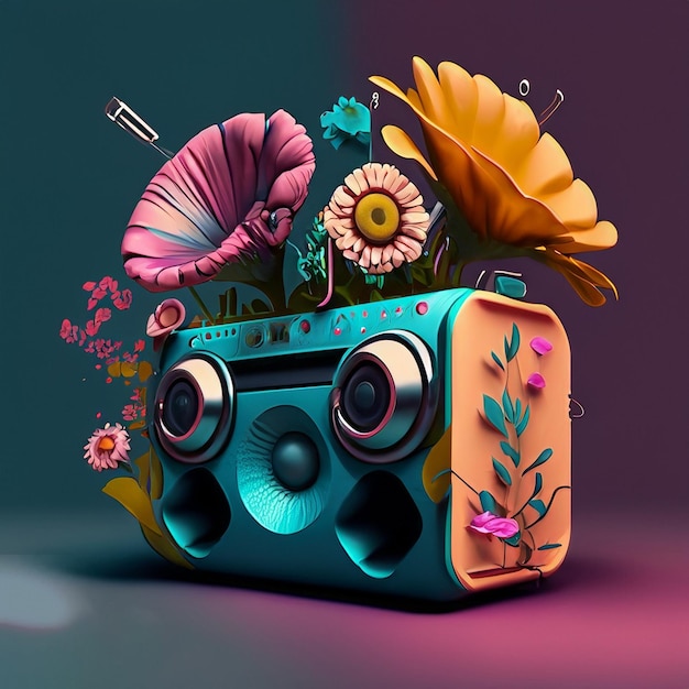 Un cuadro de flores y una radio con el número 1