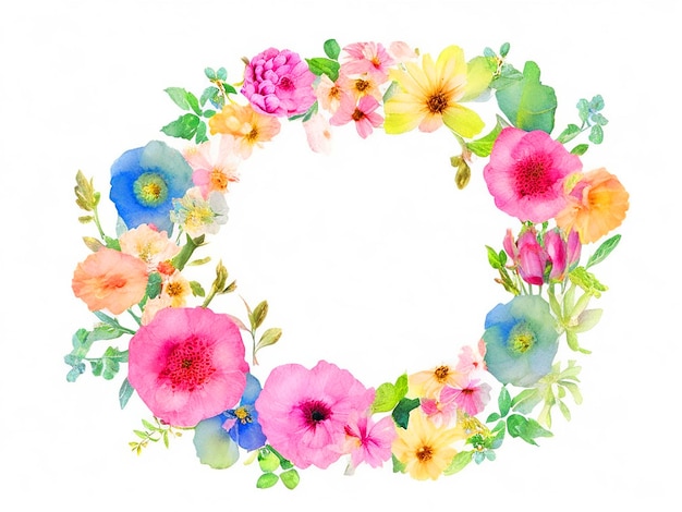 Foto cuadro de flores redondas de verano coloridas en un estilo de acuarela sobre fondo blanco