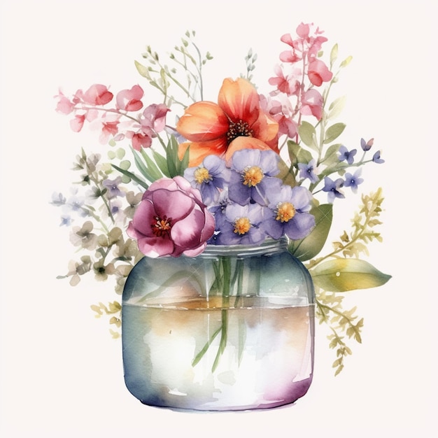 Un cuadro de flores en un tarro de cristal