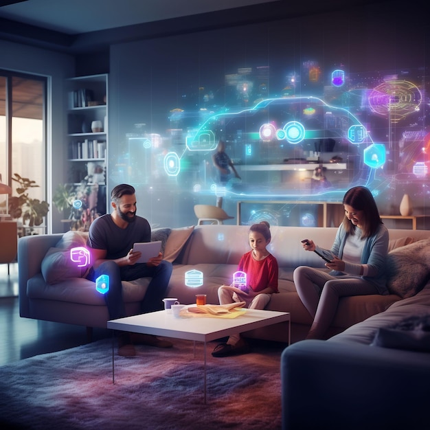 Foto un cuadro futurista de una familia en una sala de estar llena de pantallas holográficas flotantes