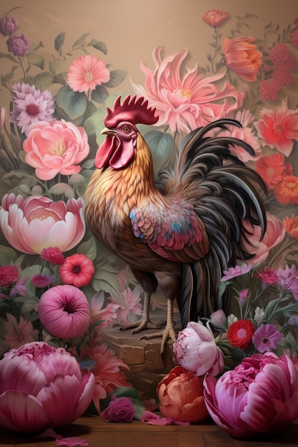 un cuadro de un gallo con flores y un gallo.