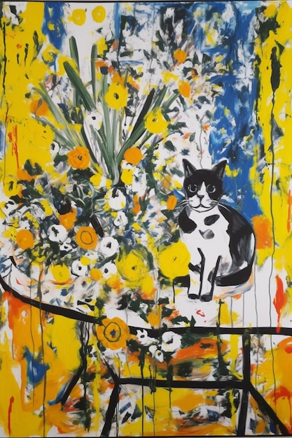 Un cuadro de un gato con flores amarillas
