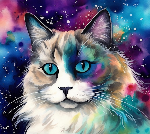 Un cuadro de un gato de ojos azules y fondo rosa.