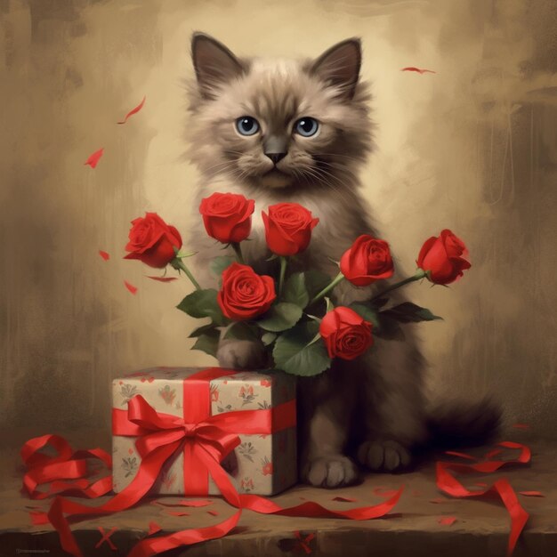 Cuadro de un gato con rosas y un regalo sobre una mesa generativa ai