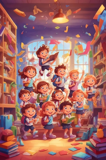 un cuadro de un grupo de niños con libros.