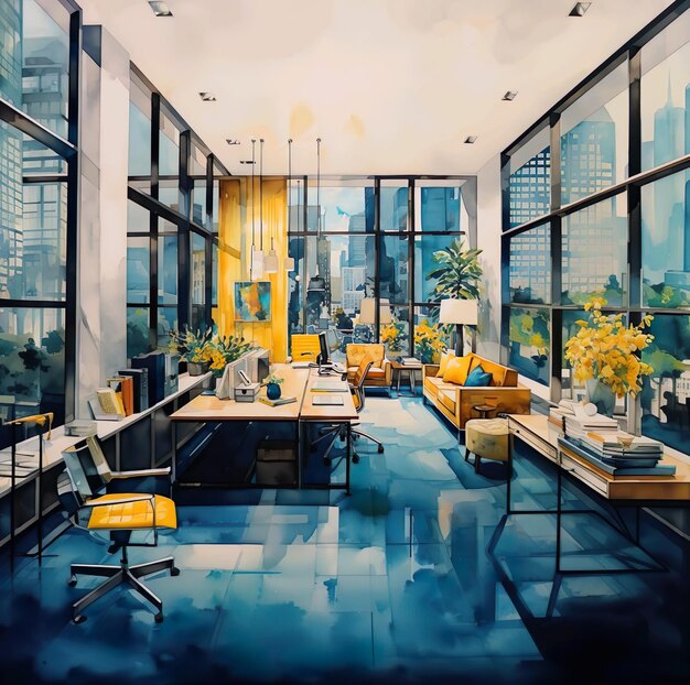 Un cuadro de una habitación con sillas amarillas y un gran ventanal con vistas a una ilustración de la ciudad.