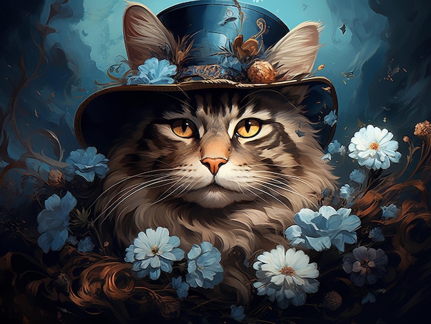 Cuadro Un hermoso gato con flores azules