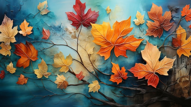 un cuadro de hojas de otoño con un cielo azul y nubes de fondo.