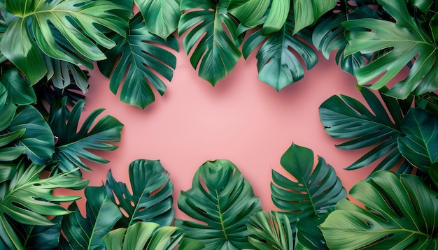 Cuadro de hojas tropicales vibrantes con fondo rosa para diseños temáticos botánicos y de verano de la naturaleza